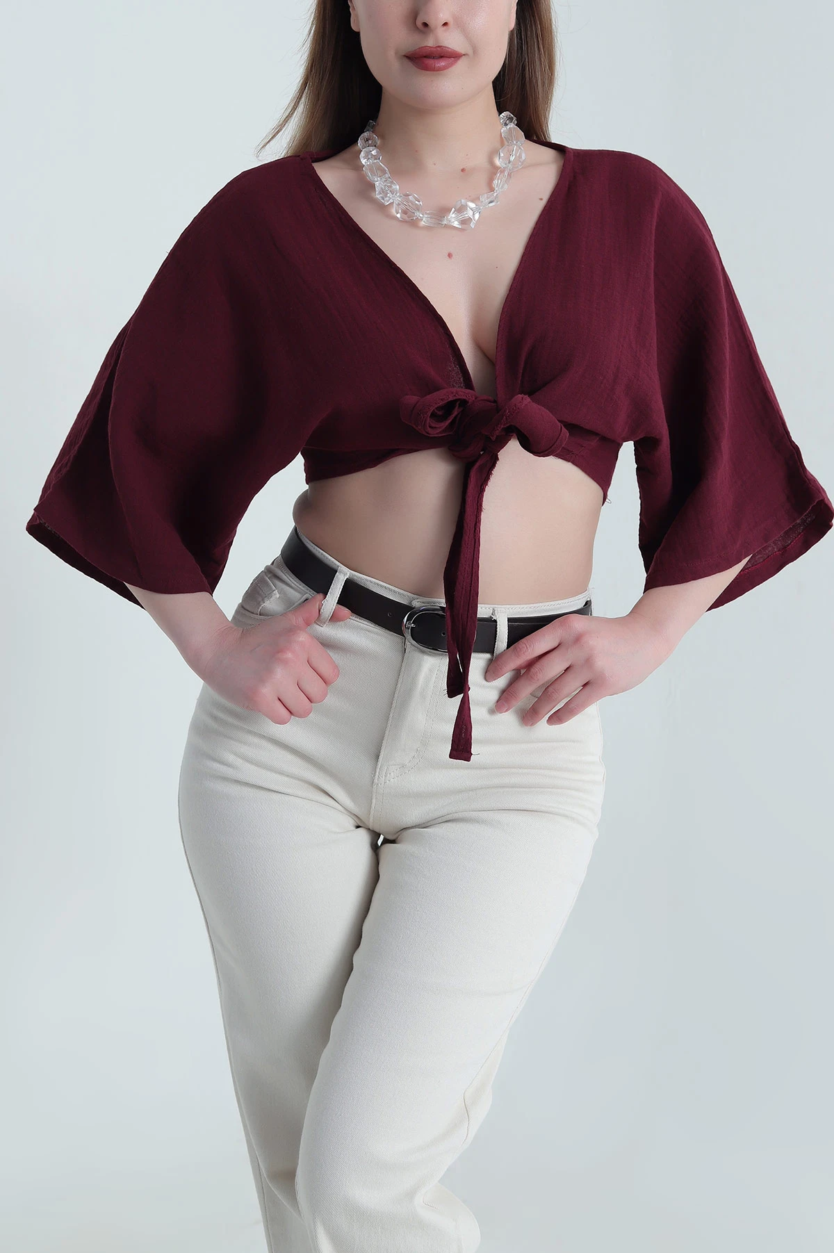 Mürdüm Bağlamalı Müslin Keten Kadın Kimono Bluz 464821