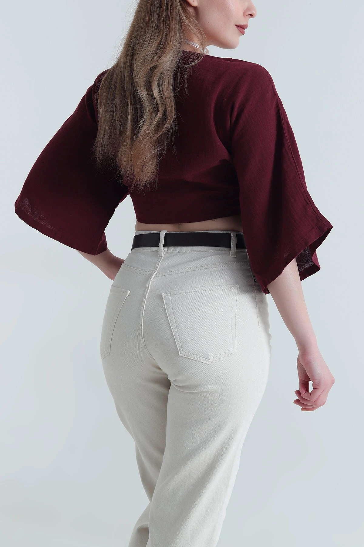 Mürdüm Bağlamalı Müslin Keten Kadın Kimono Bluz 464821