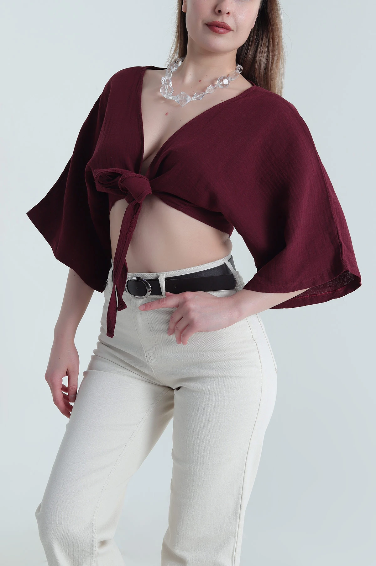 Mürdüm Bağlamalı Müslin Keten Kadın Kimono Bluz 464821