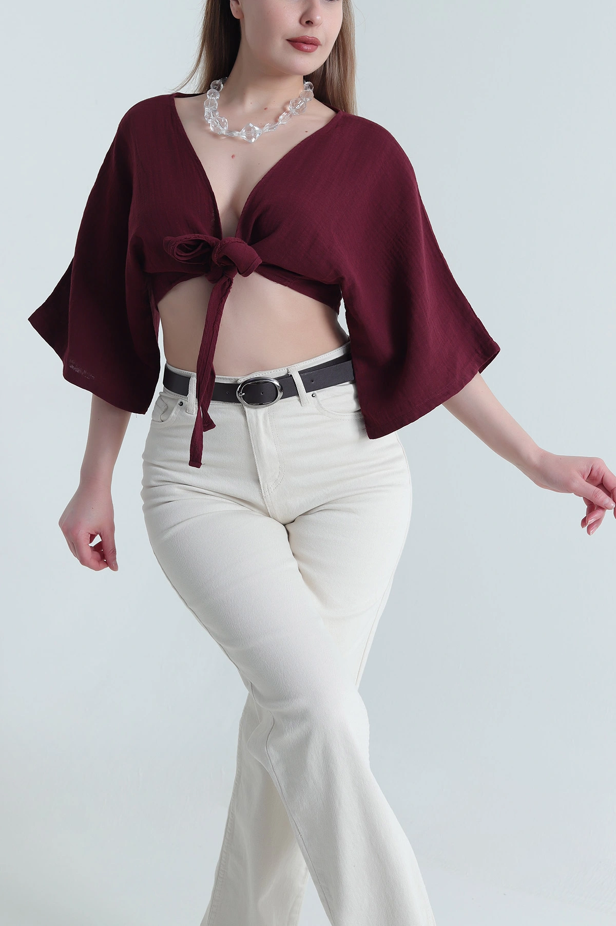 Mürdüm Bağlamalı Müslin Keten Kadın Kimono Bluz 464821