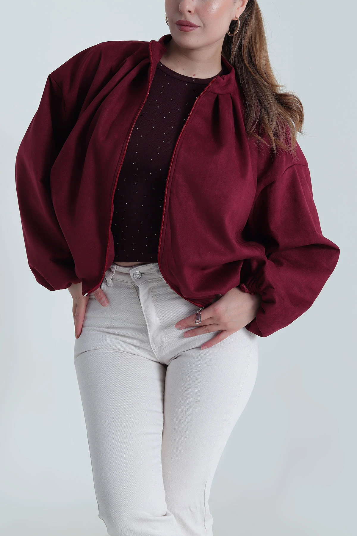 Mürdüm Balon Bomber Kadın Süet Mont 484001