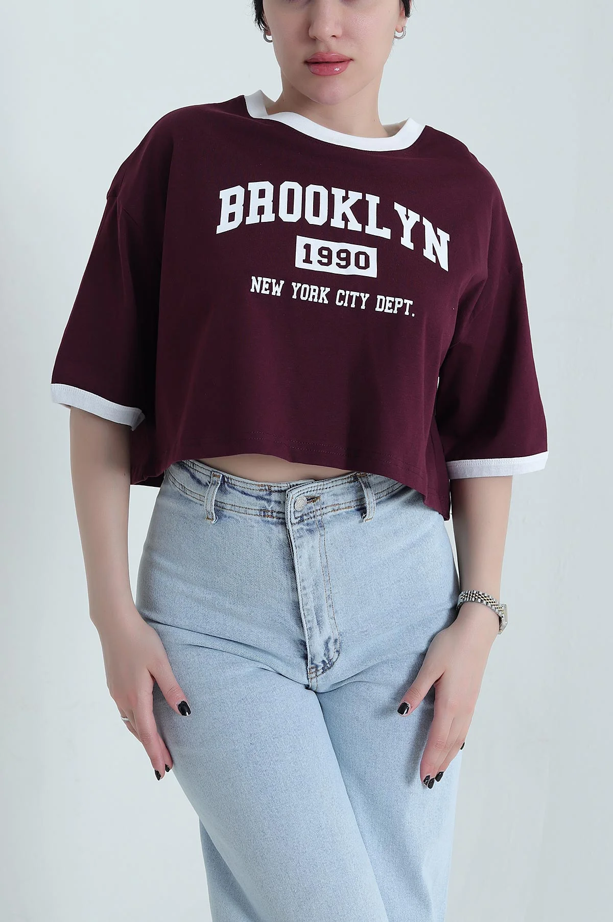 Mürdüm Baskılı Kompak Kadın Crop 455153