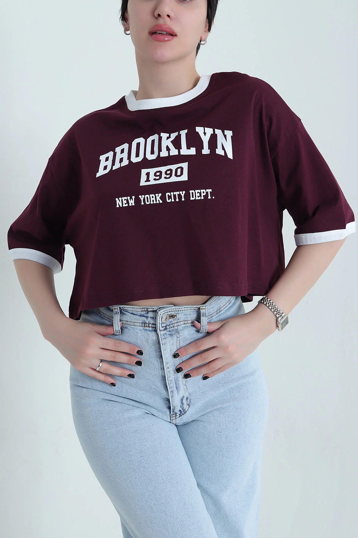 Mürdüm Baskılı Kompak Kadın Crop 455153