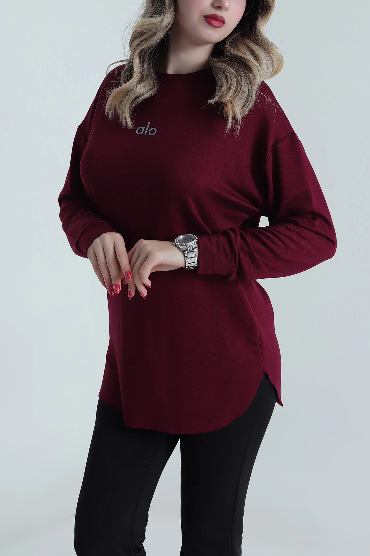 Mürdüm Baskılı Kristal Kadın Sweat Tunik 485139