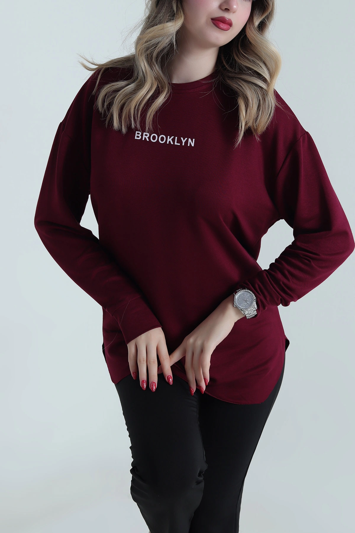 Mürdüm Baskılı Kristal Kadın Sweat Tunik 485148