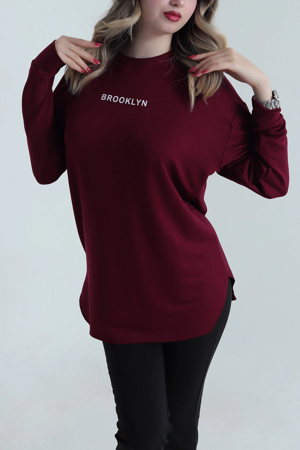 Mürdüm Baskılı Kristal Kadın Sweat Tunik 485148