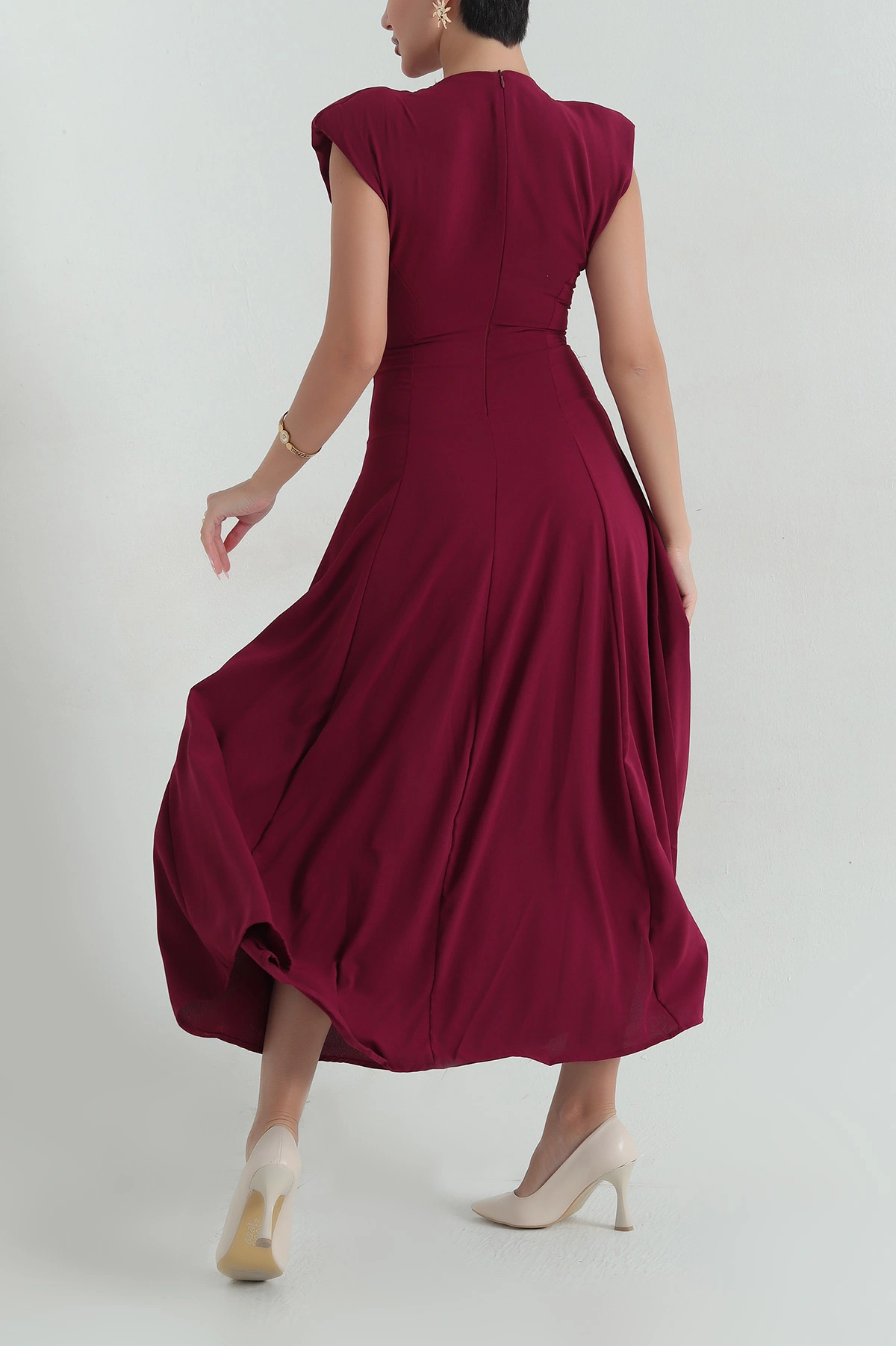 Mürdüm Beli Bağlamalı Crep Kadın Elbise 376387