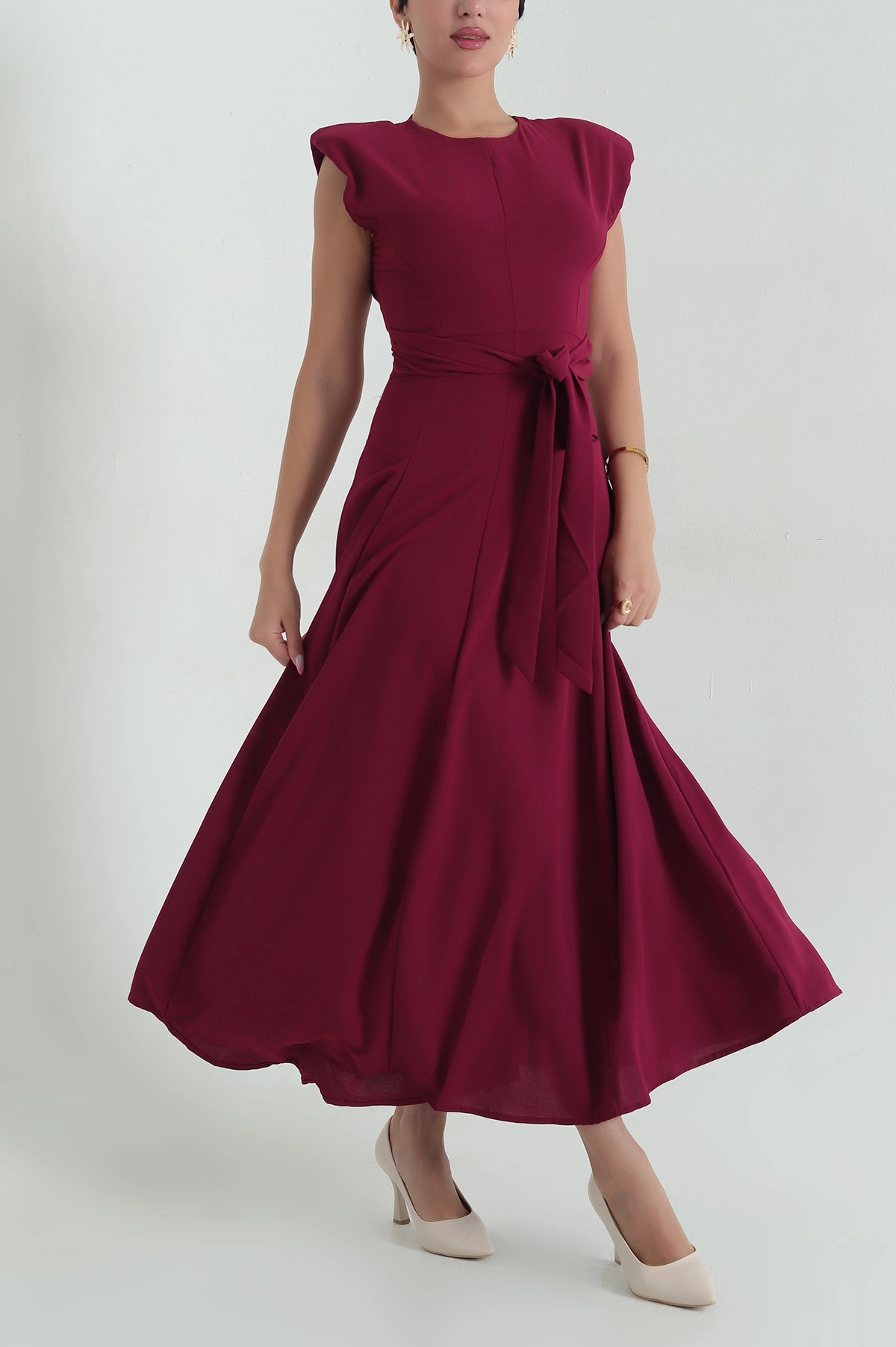 Mürdüm Beli Bağlamalı Crep Kadın Elbise 376387