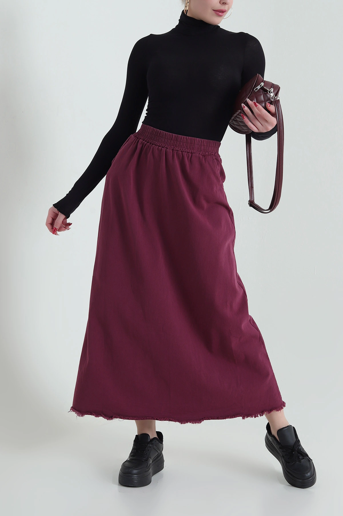 Mürdüm Beli Lastikli Gabardin Kadın Etek 428737
