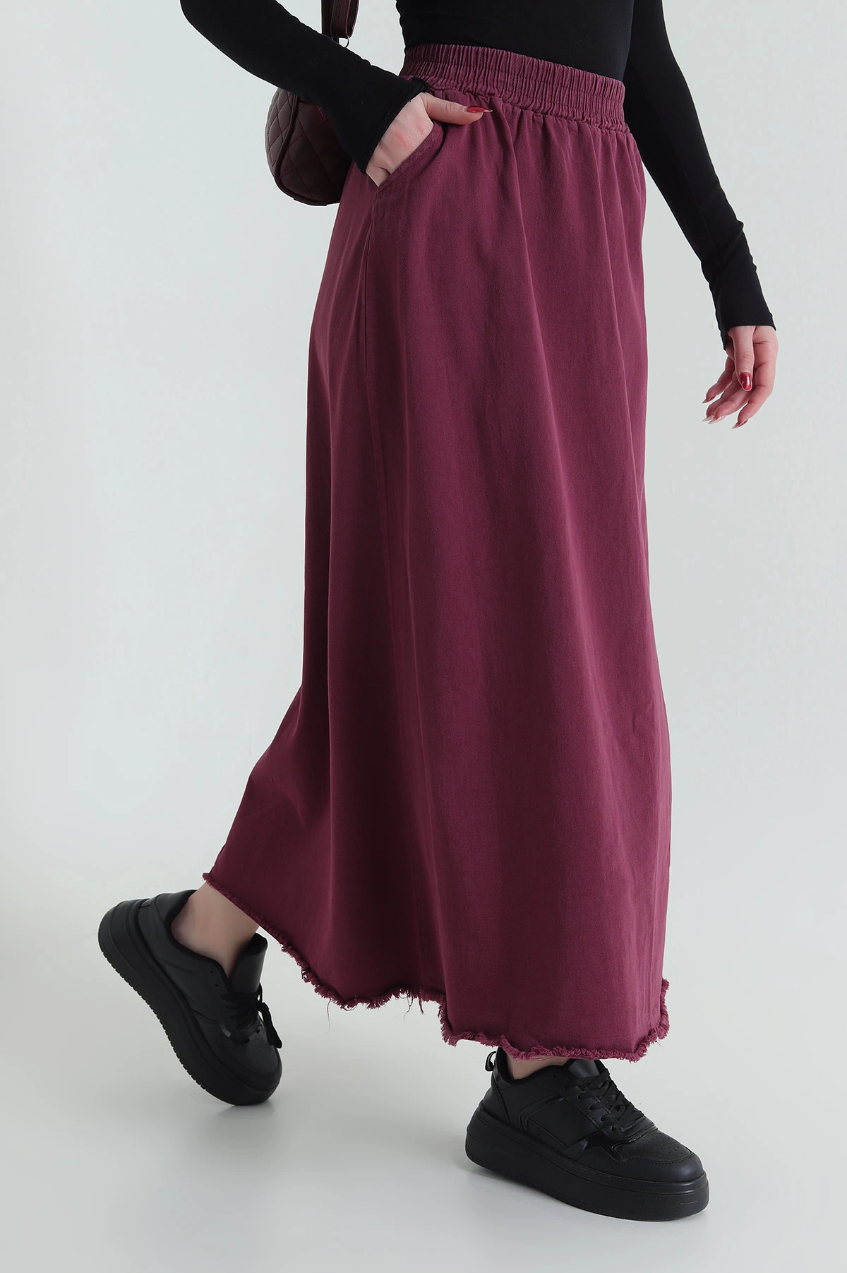 Mürdüm Beli Lastikli Gabardin Kadın Etek 428737