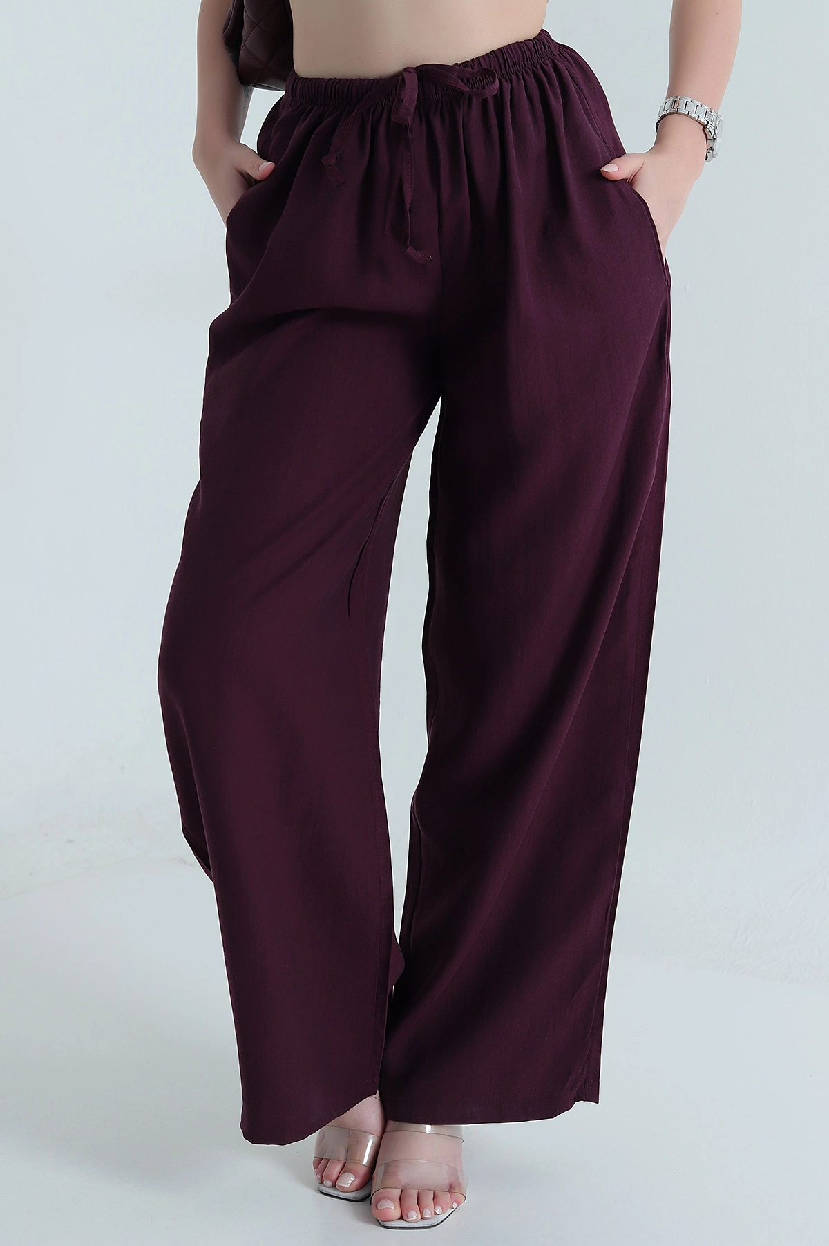 Mürdüm Beli Lastikli Kadın Tensel Pantolon 465943