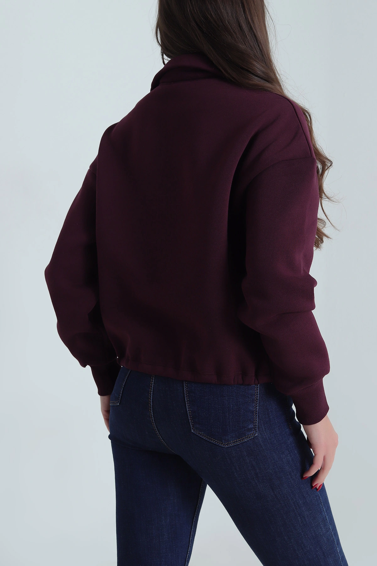 Mürdüm Beli Sıkmalı Şardonlu Kadın Fermuarlı Sweat 492616
