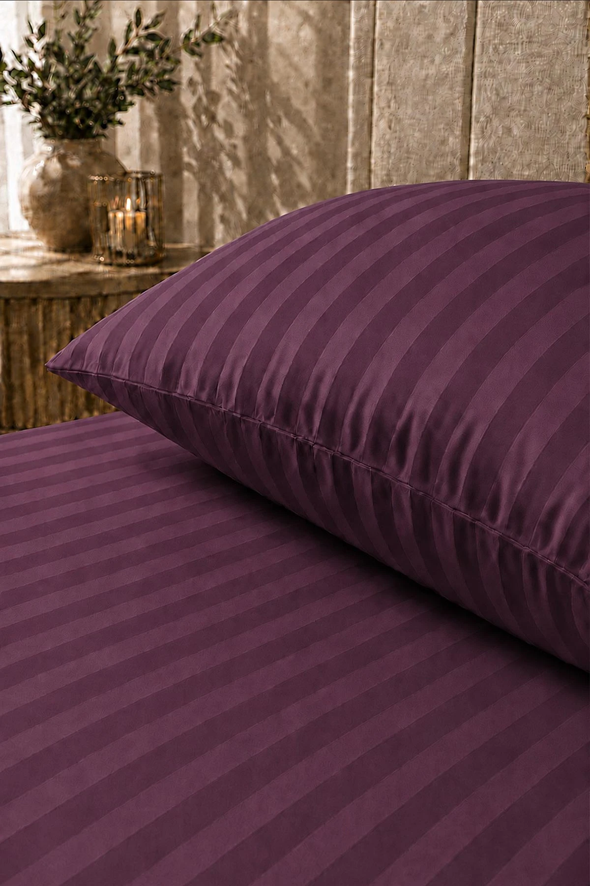 Mürdüm Bella Home 100x200 Cm Tek Kişilik Çizgili Saten Çarşaf Seti 482996