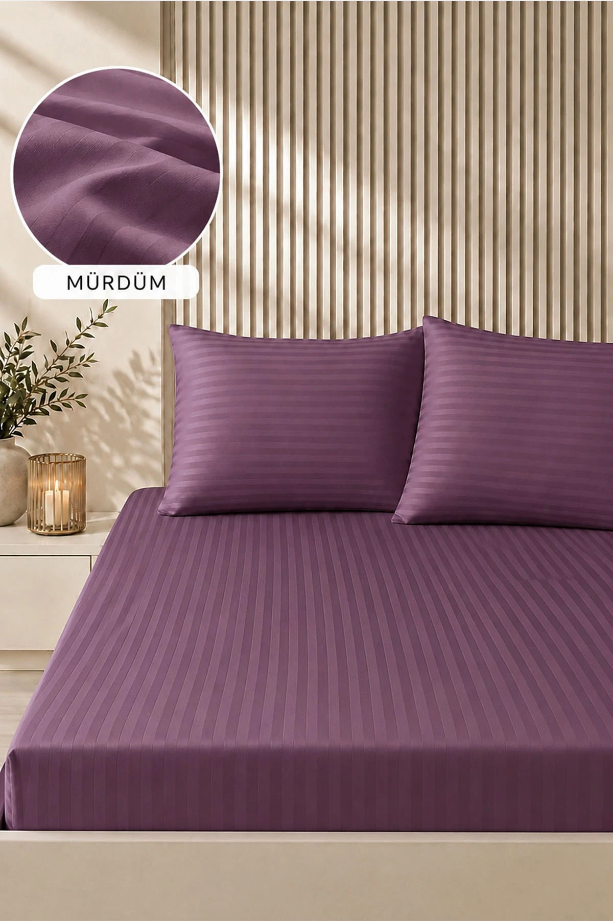 Mürdüm Bella Home 160x200 Cm Çift Kişilik Çizgili Saten Çarşaf Seti 483026