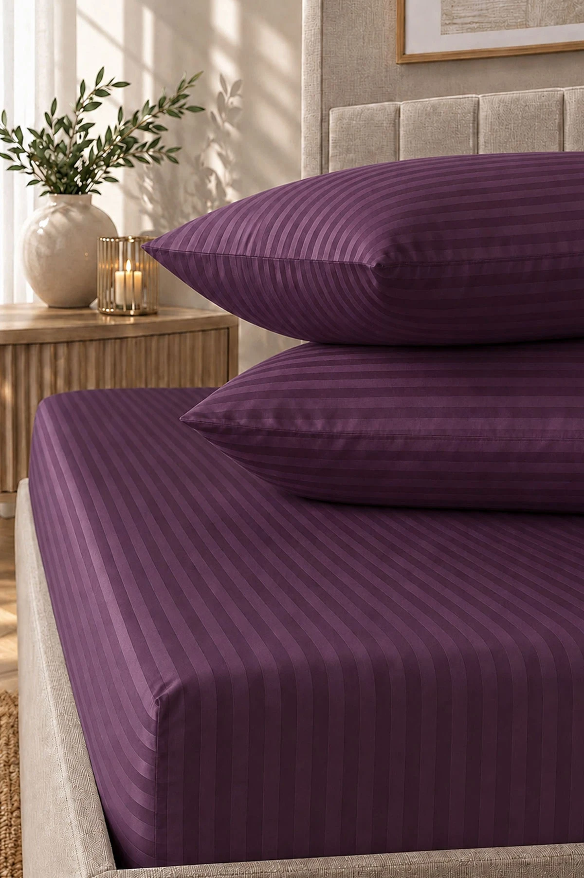 Mürdüm Bella Home 160x200 Cm Çift Kişilik Çizgili Saten Çarşaf Seti 483026
