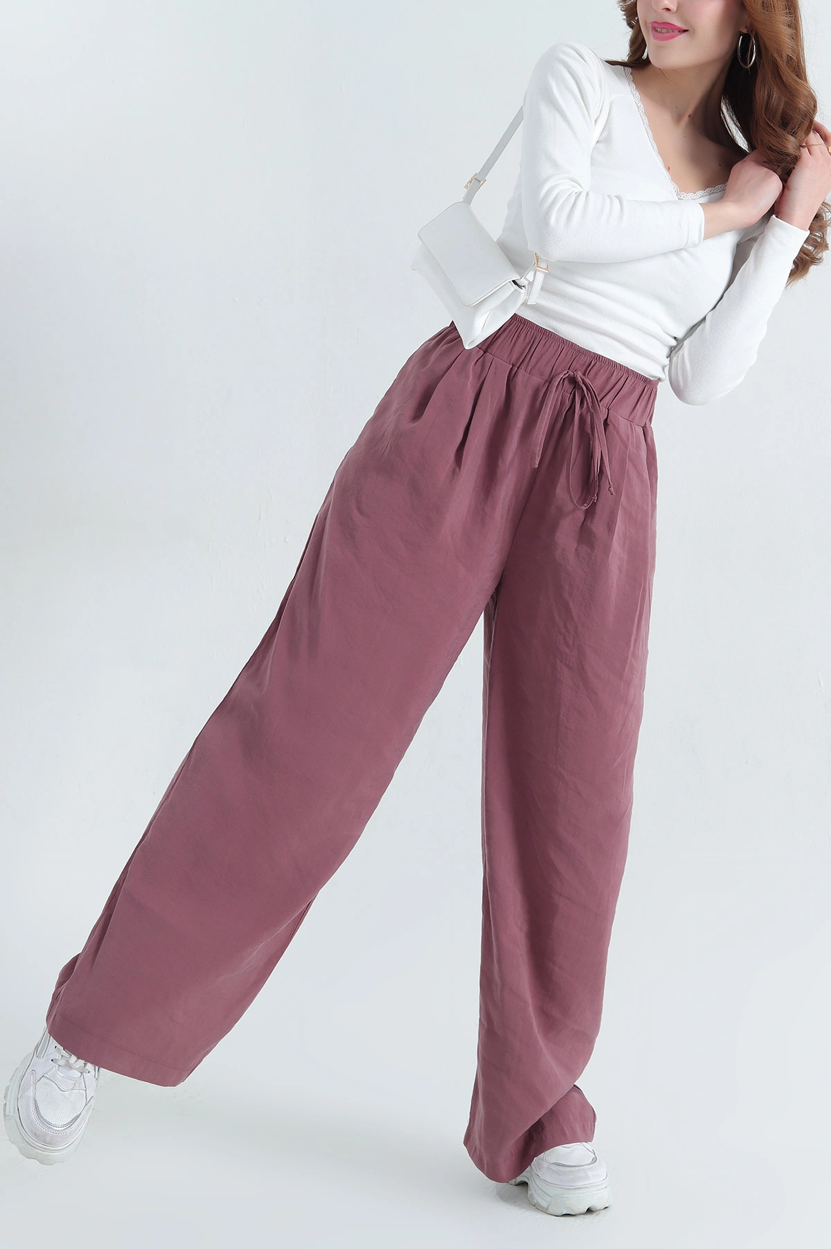 Mürdüm Bol Paça Bel Lastikli Modal Kadın Pantolon 337602
