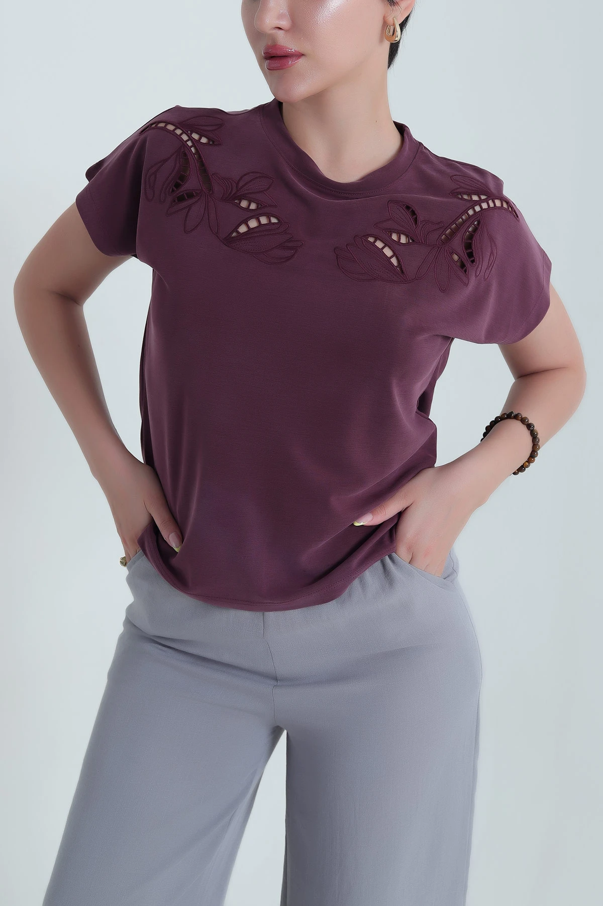 Mürdüm Brode Nakışlı Pike Oysho Kadın Bluz 467060