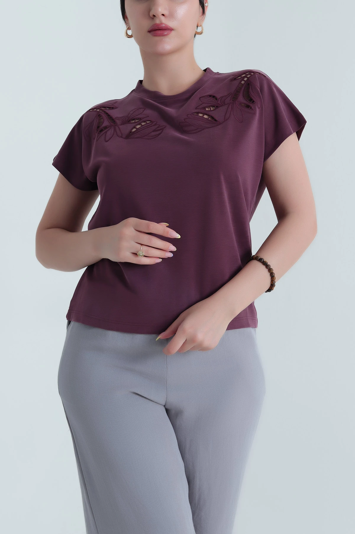 Mürdüm Brode Nakışlı Pike Oysho Kadın Bluz 467060