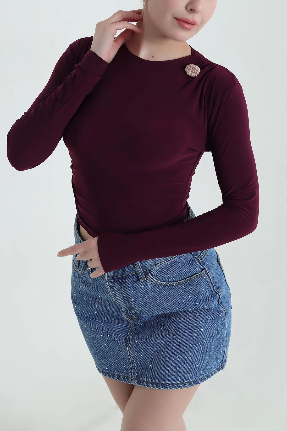 Mürdüm Büzgülü Sandy Kadın Bluz 439559