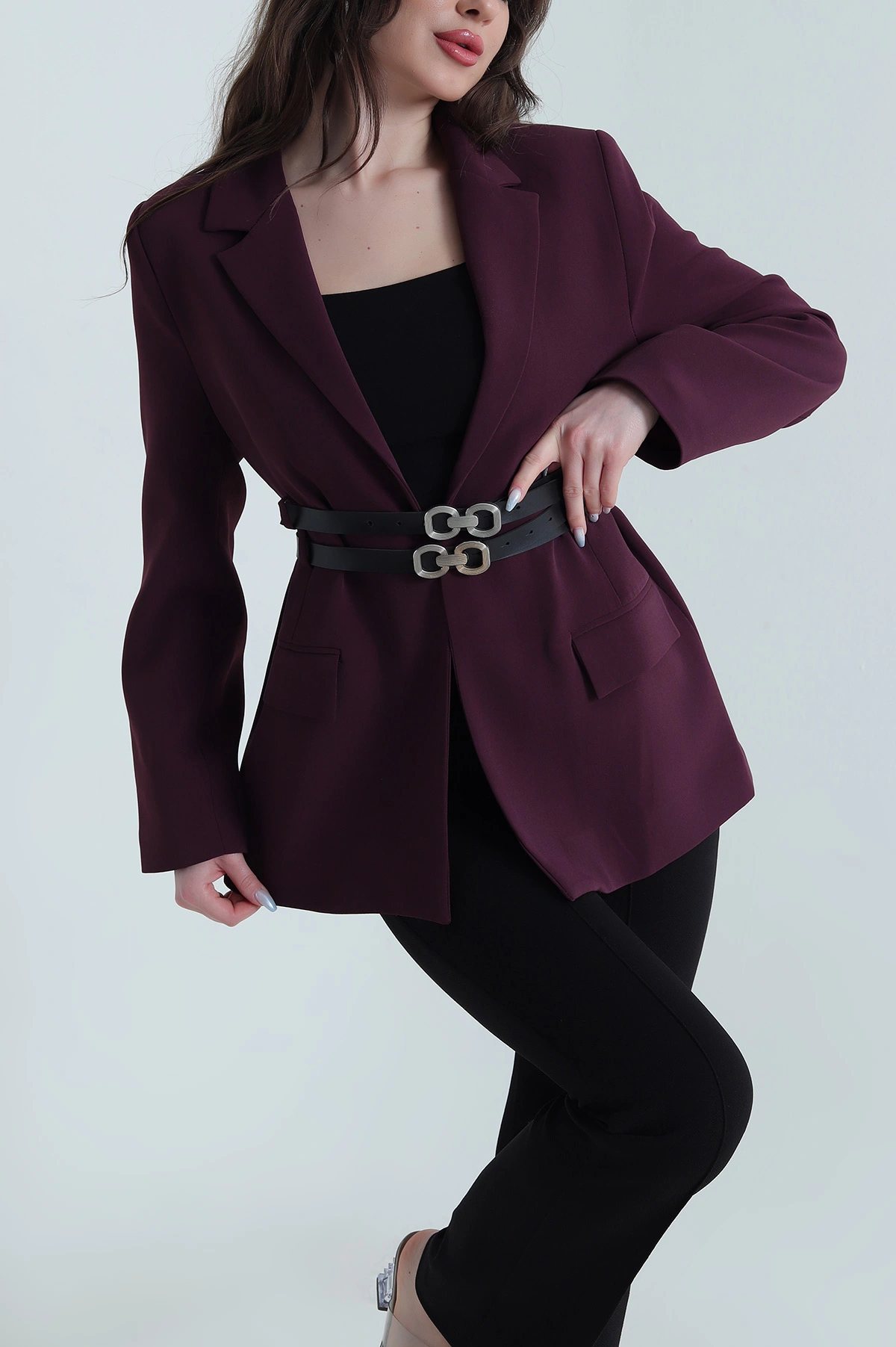 Mürdüm Çift Kemer Astarlı Latina Kadın Blazer Ceket 449543