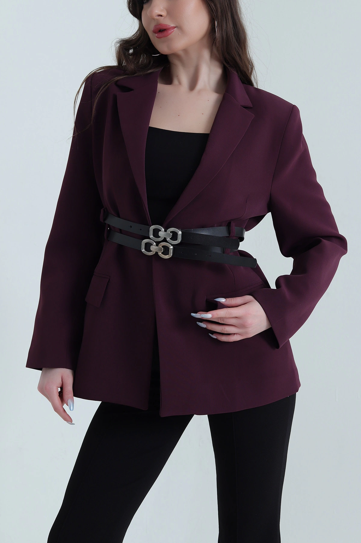 Mürdüm Çift Kemer Astarlı Latina Kadın Blazer Ceket 449543