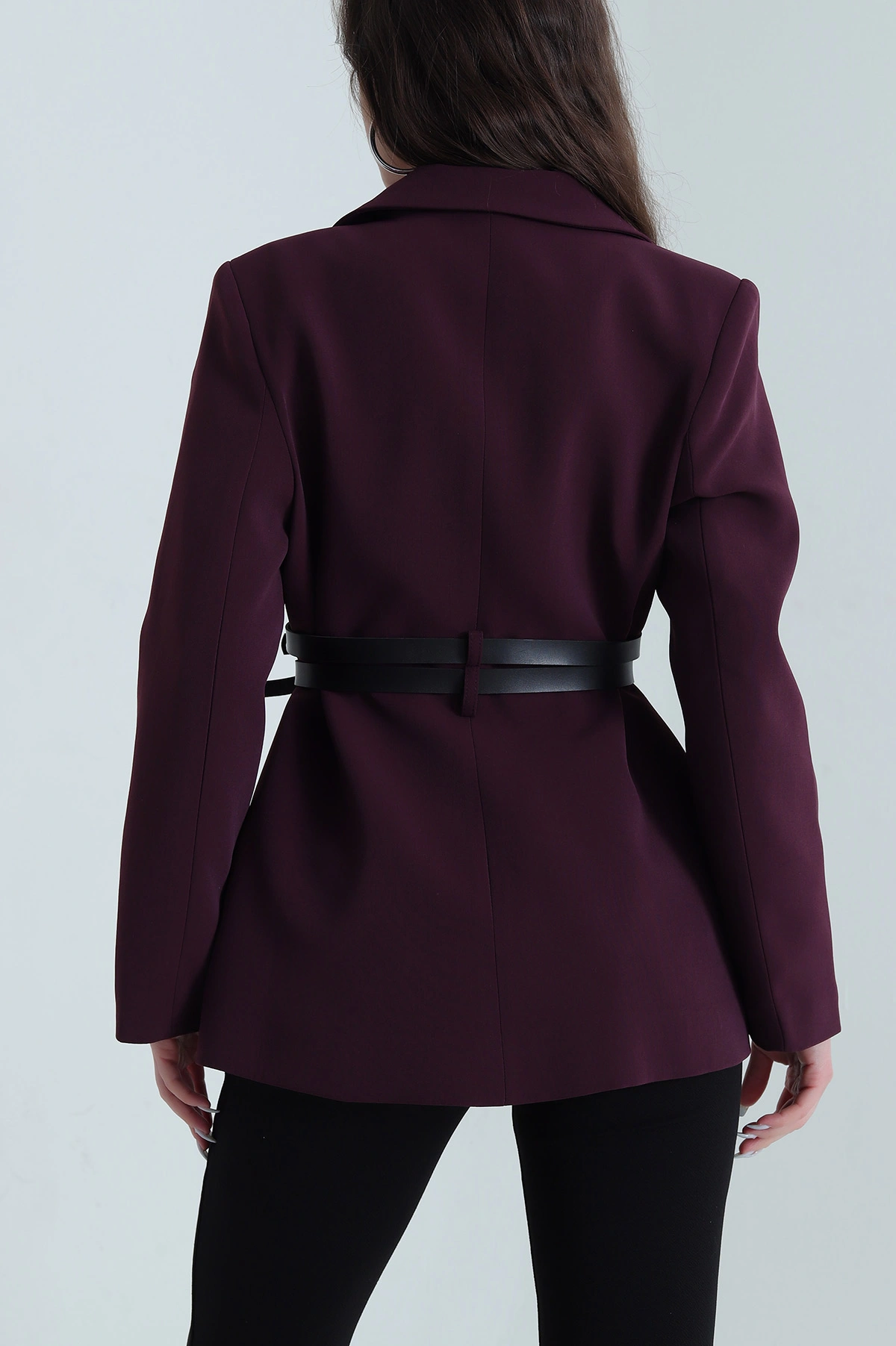 Mürdüm Çift Kemer Astarlı Latina Kadın Blazer Ceket 449543