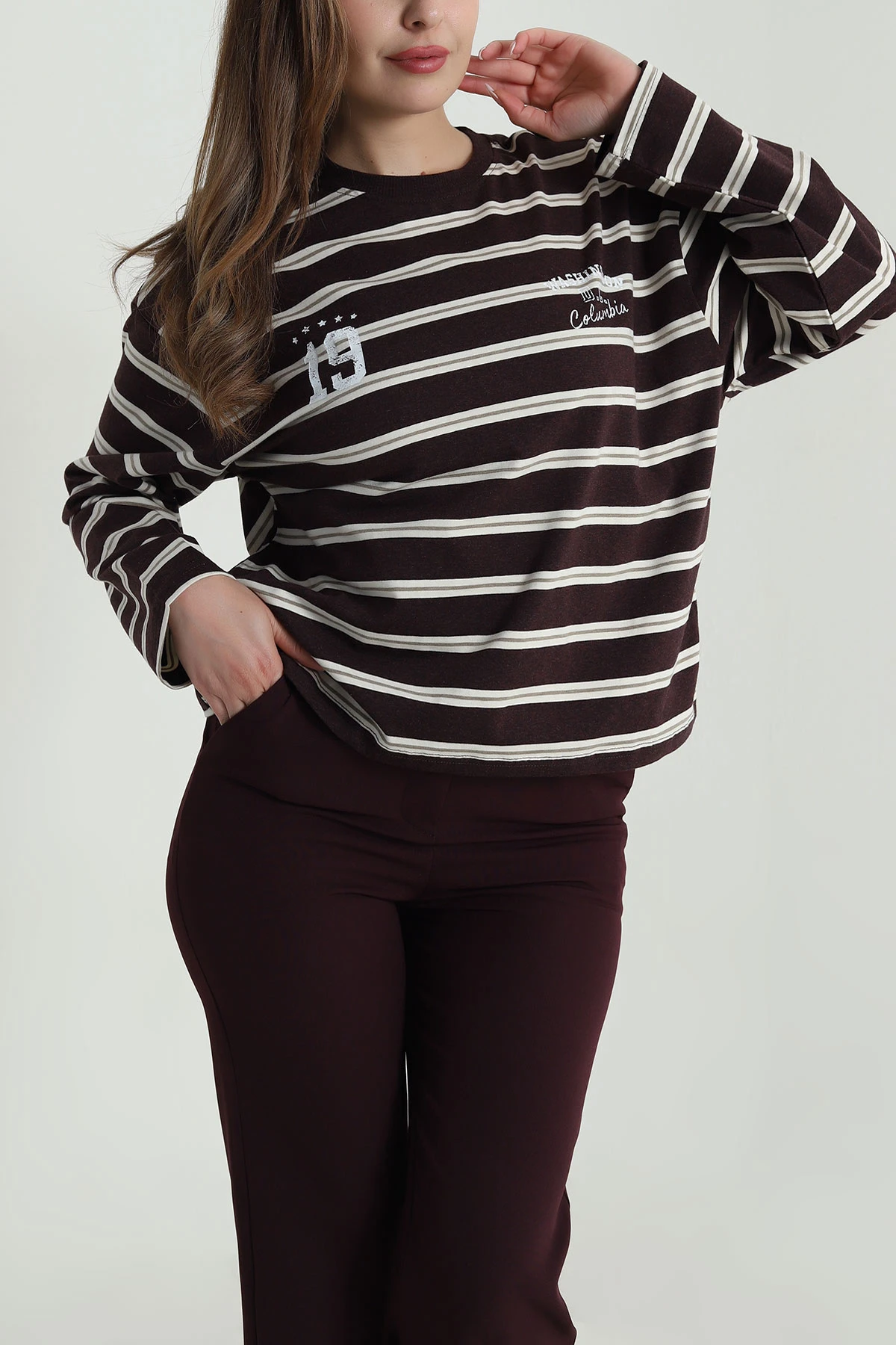 Mürdüm Çizgili Likralı Kadın Sweat 488436