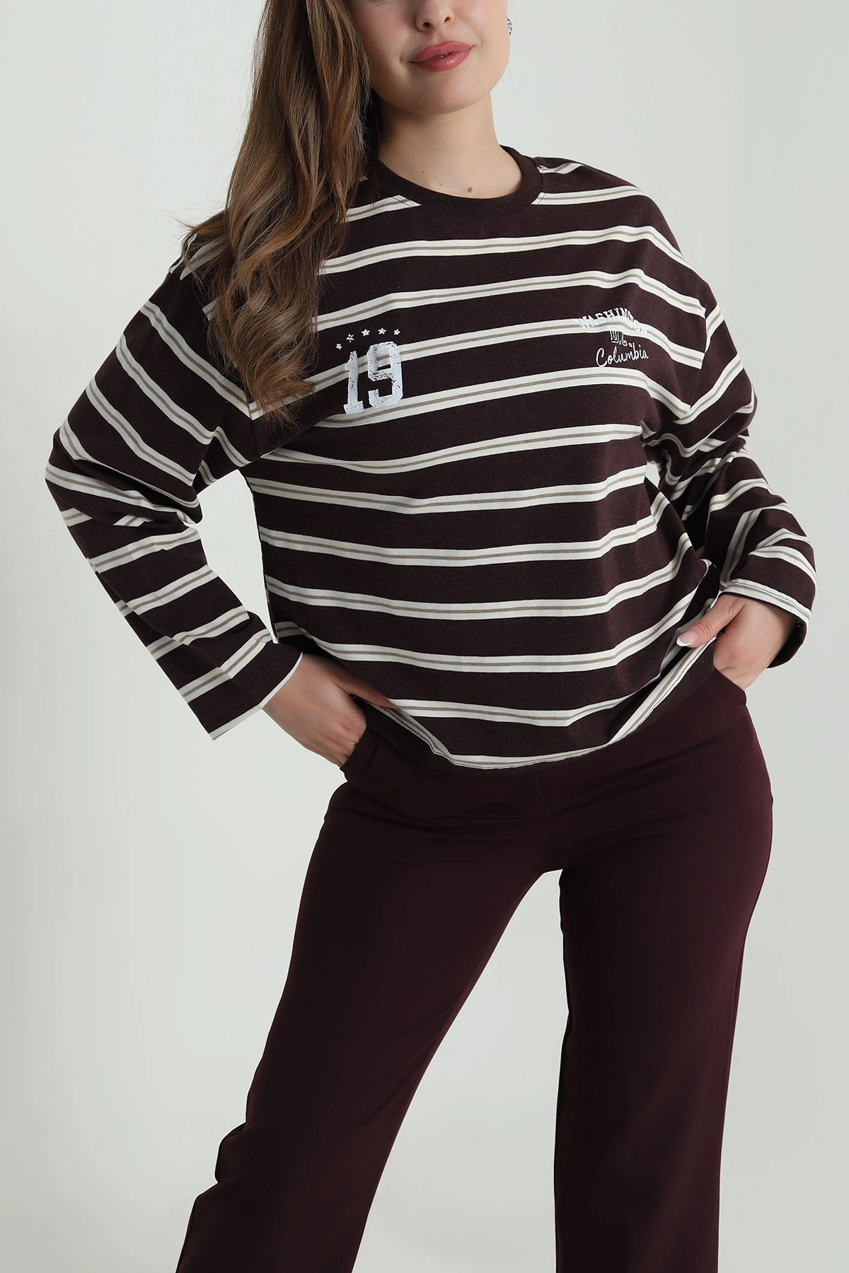 Mürdüm Çizgili Likralı Kadın Sweat 488436