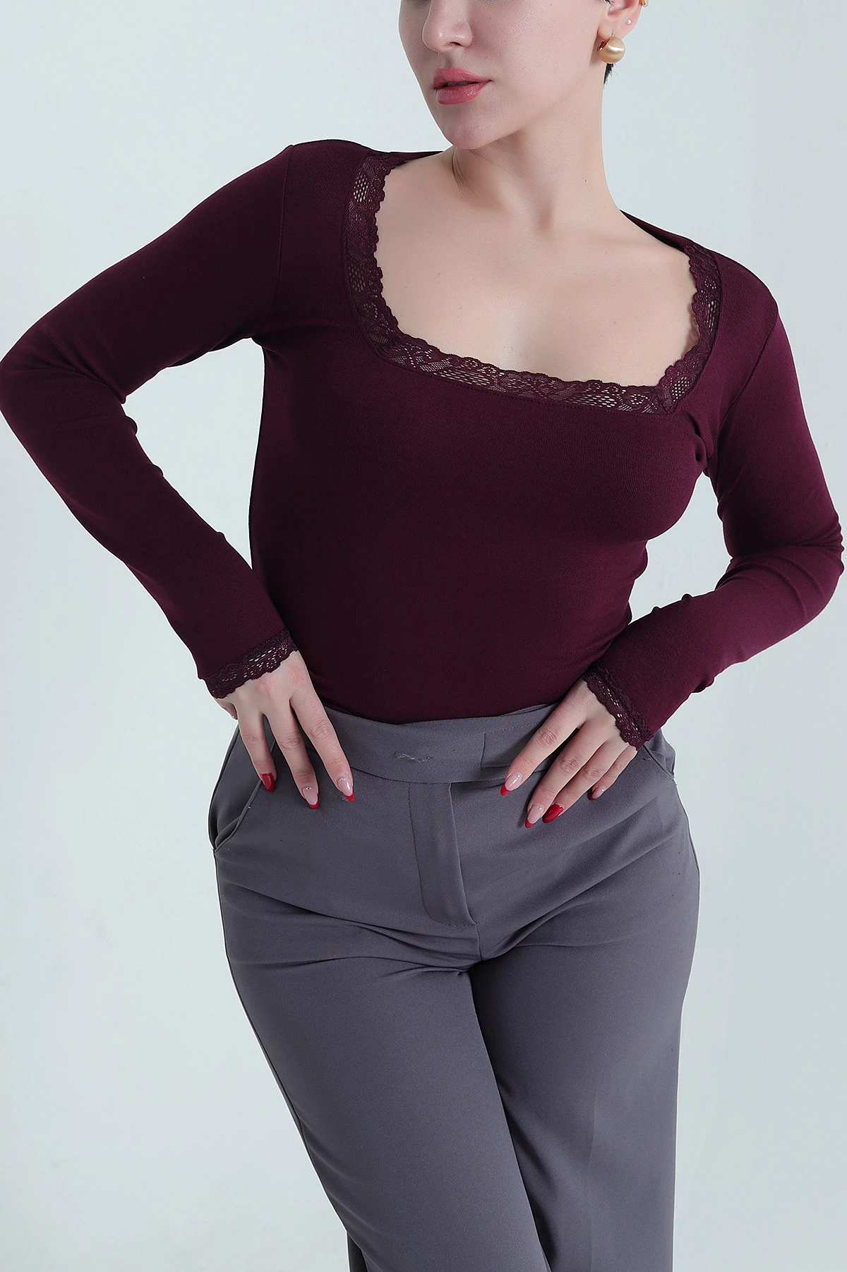 Mürdüm Dantel Yaka Viskon Kadın Badi 437973