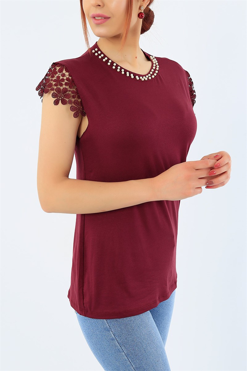 Mürdüm Dantelli Omuz İncili Yaka Bluz 31856