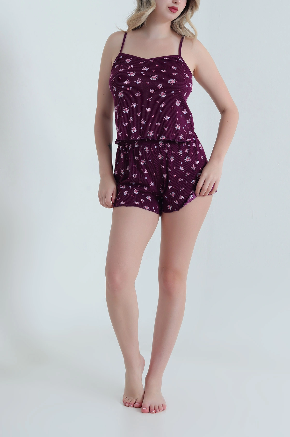 Mürdüm Desenli Şortlu Kadın Pijama Takımı 466348