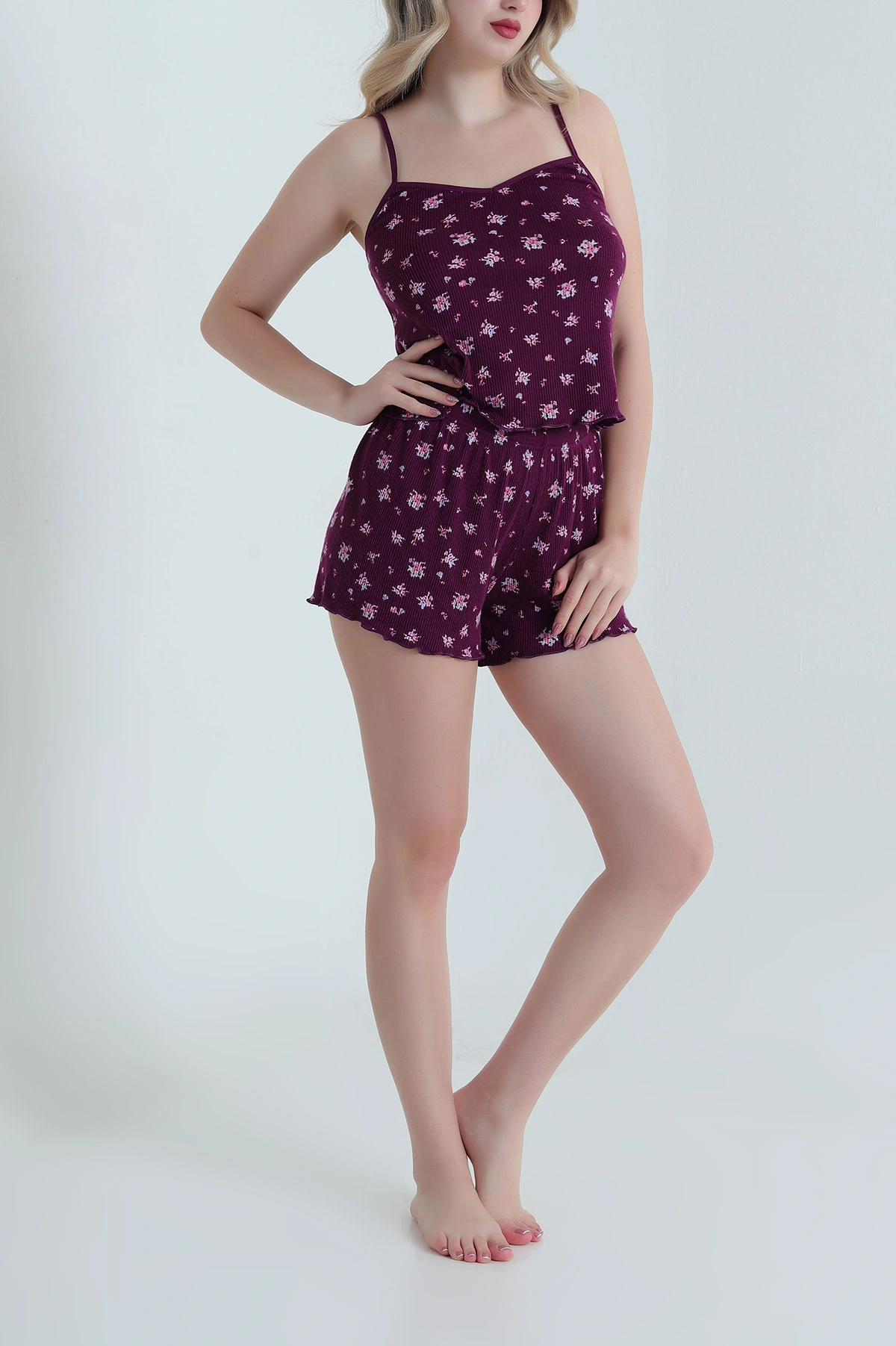 Mürdüm Desenli Şortlu Kadın Pijama Takımı 466348
