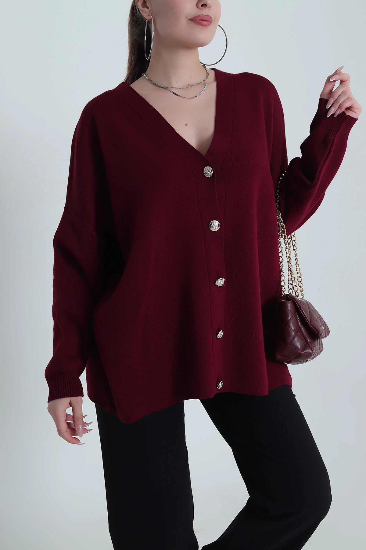 Mürdüm Düğmeli Oversize Kadın Triko Hırka 490713