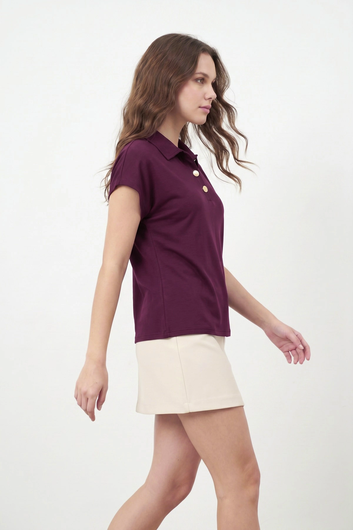 Mürdüm Düğmeli Polo Yaka Kristal Kadın Bluz 449070