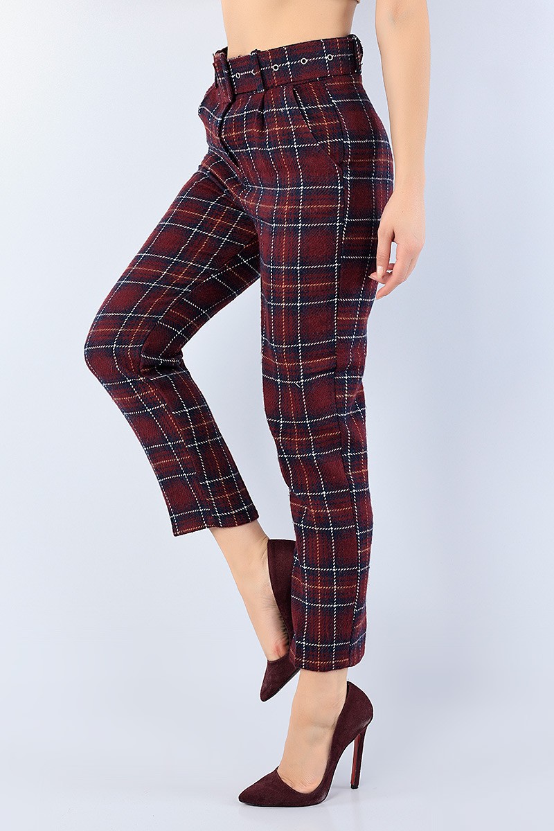 Mürdüm Ekose Desenli Bayan Kaşmir Pantolon 75706