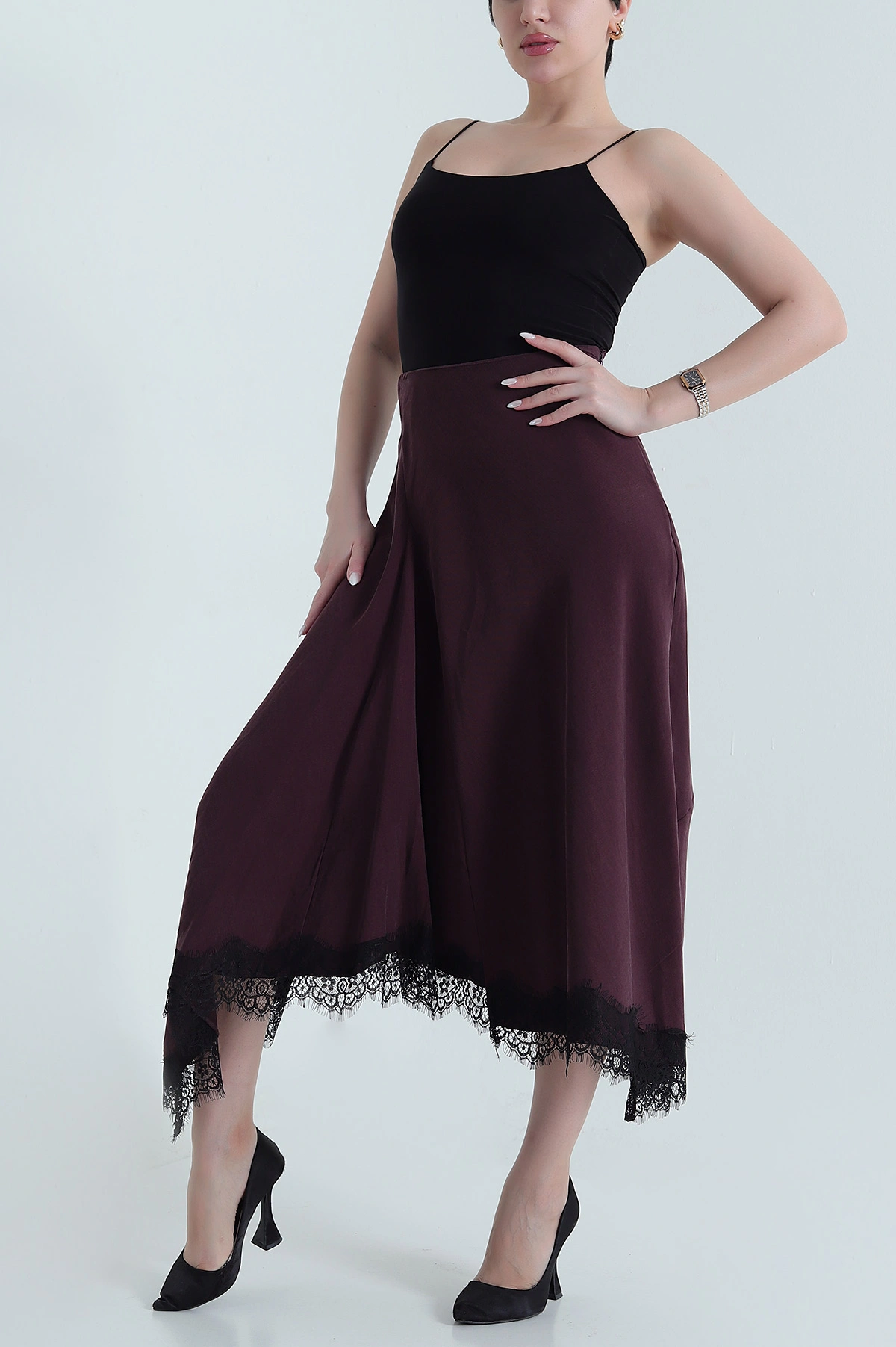 Mürdüm Fermuarlı Dantel Tencel Gabardin Kadın Etek 444182