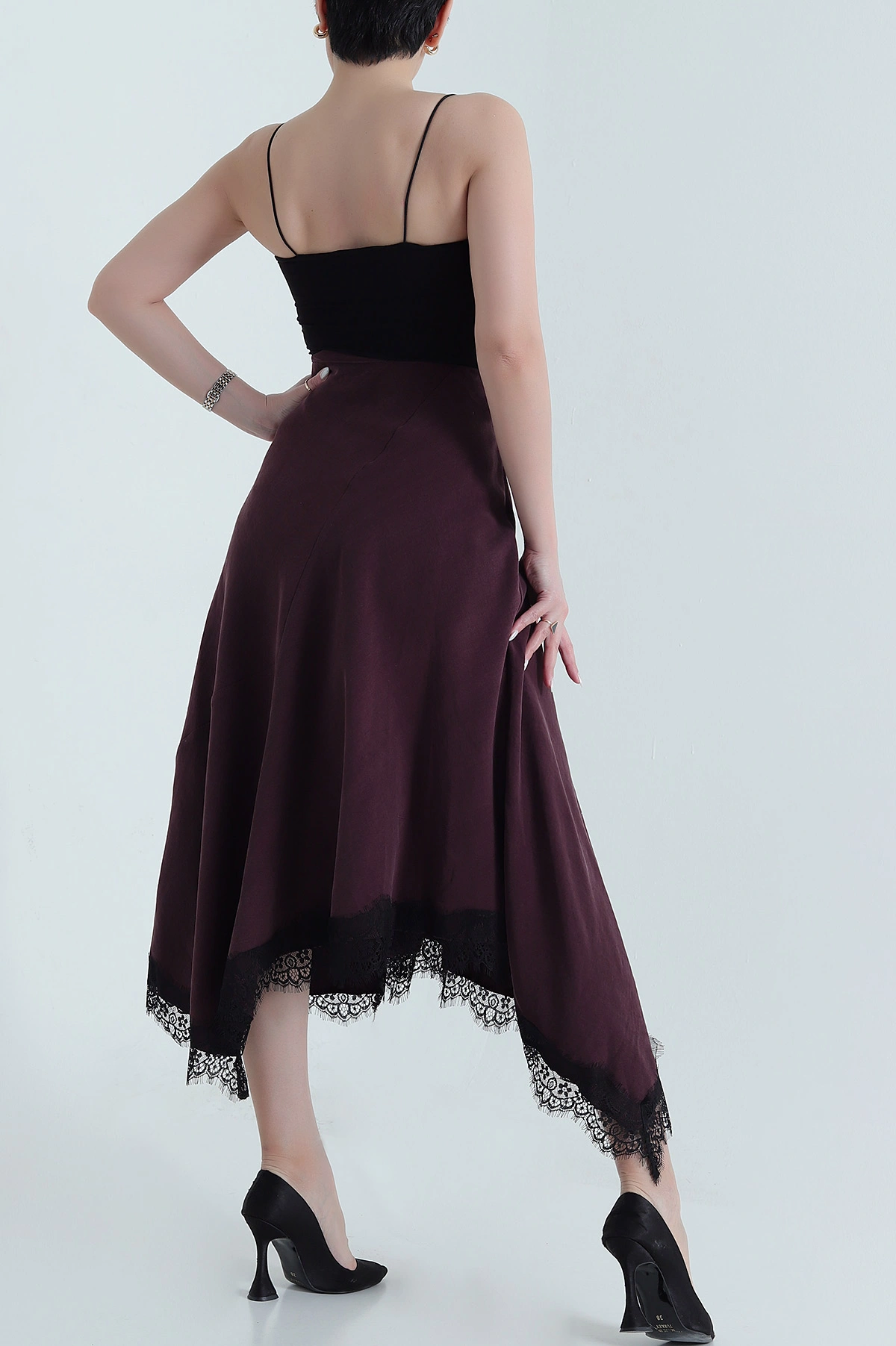 Mürdüm Fermuarlı Dantel Tencel Gabardin Kadın Etek 444182