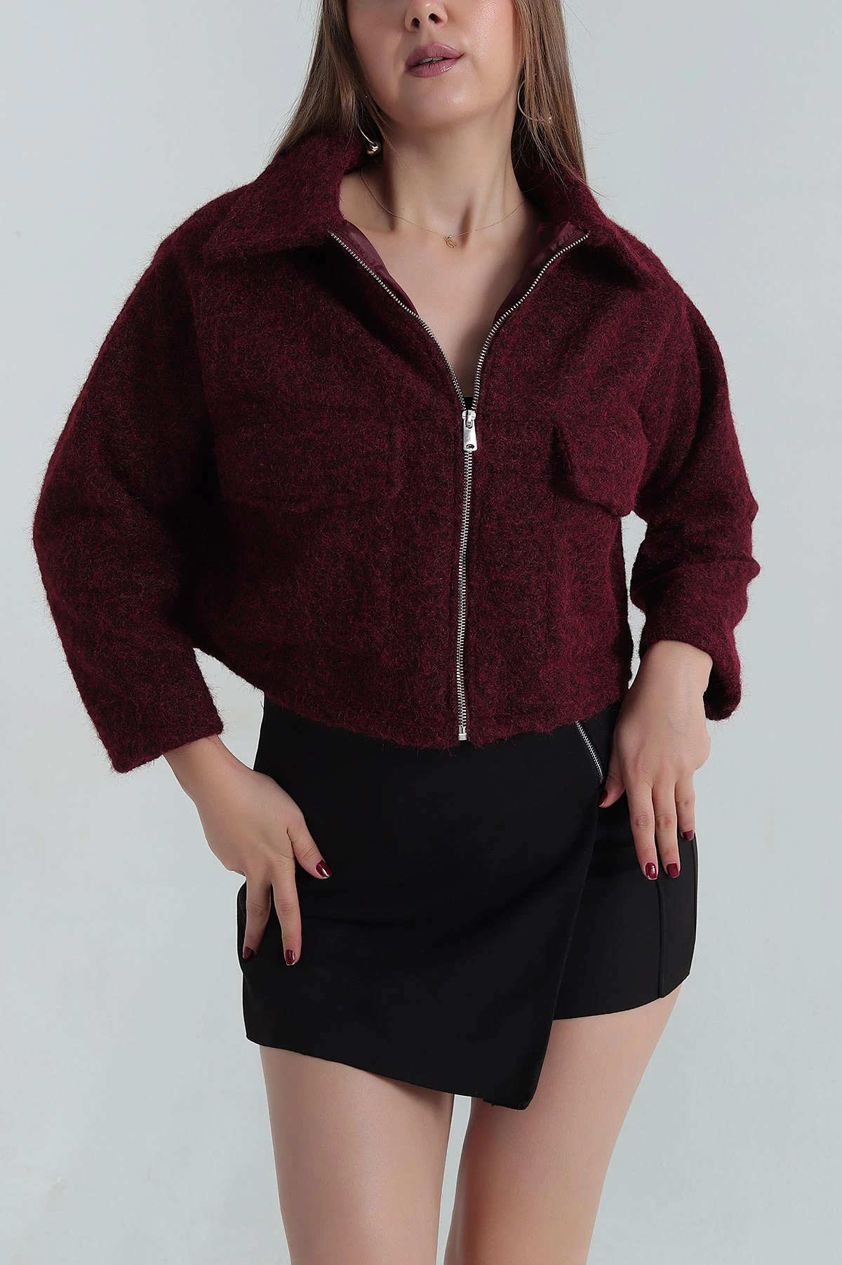 Mürdüm Fermuarlı Kaşe Kadın Mont 404852