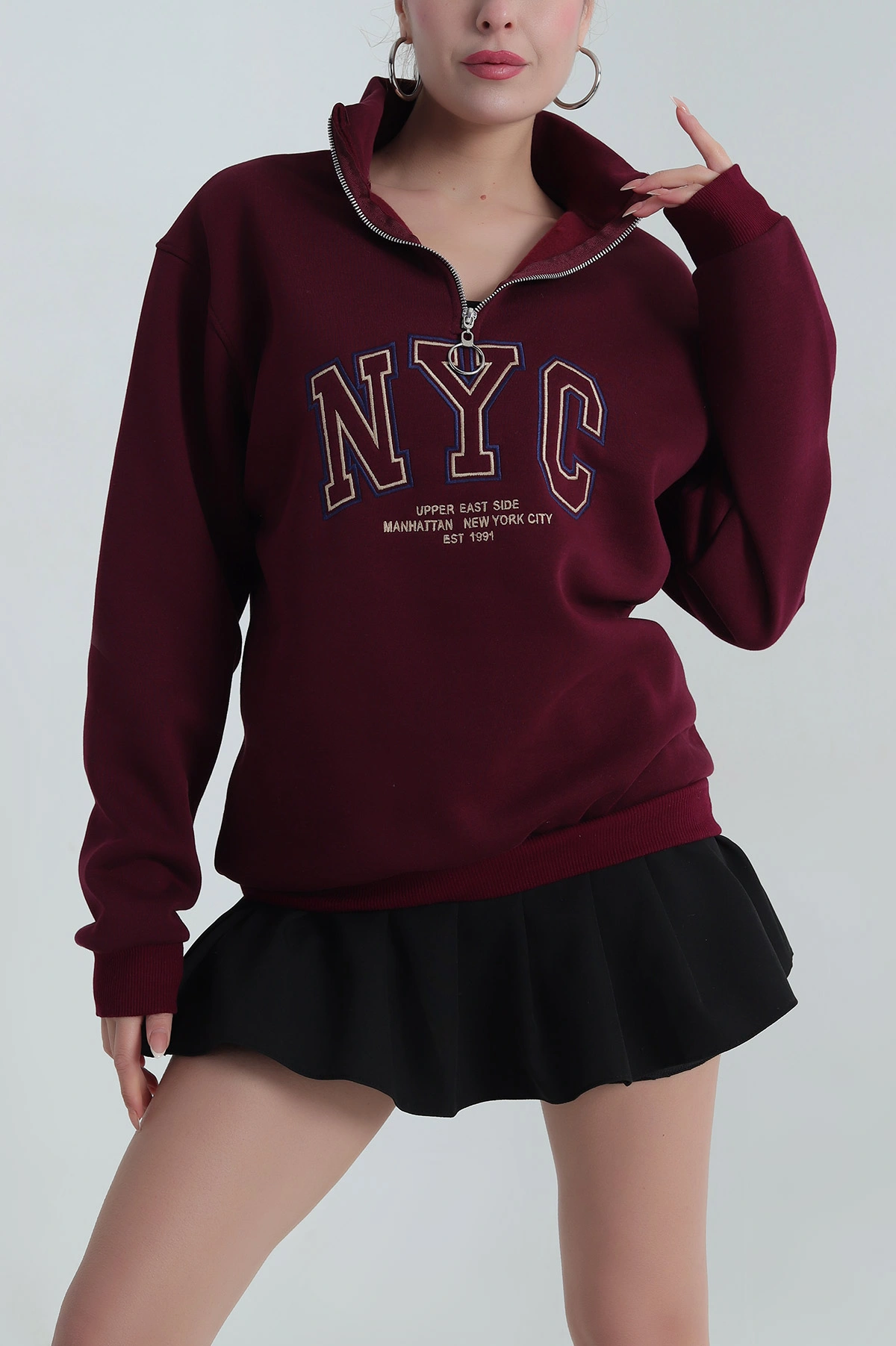 Mürdüm Fermuarlı Nakışlı Şardonlu Kadın Sweat 404966
