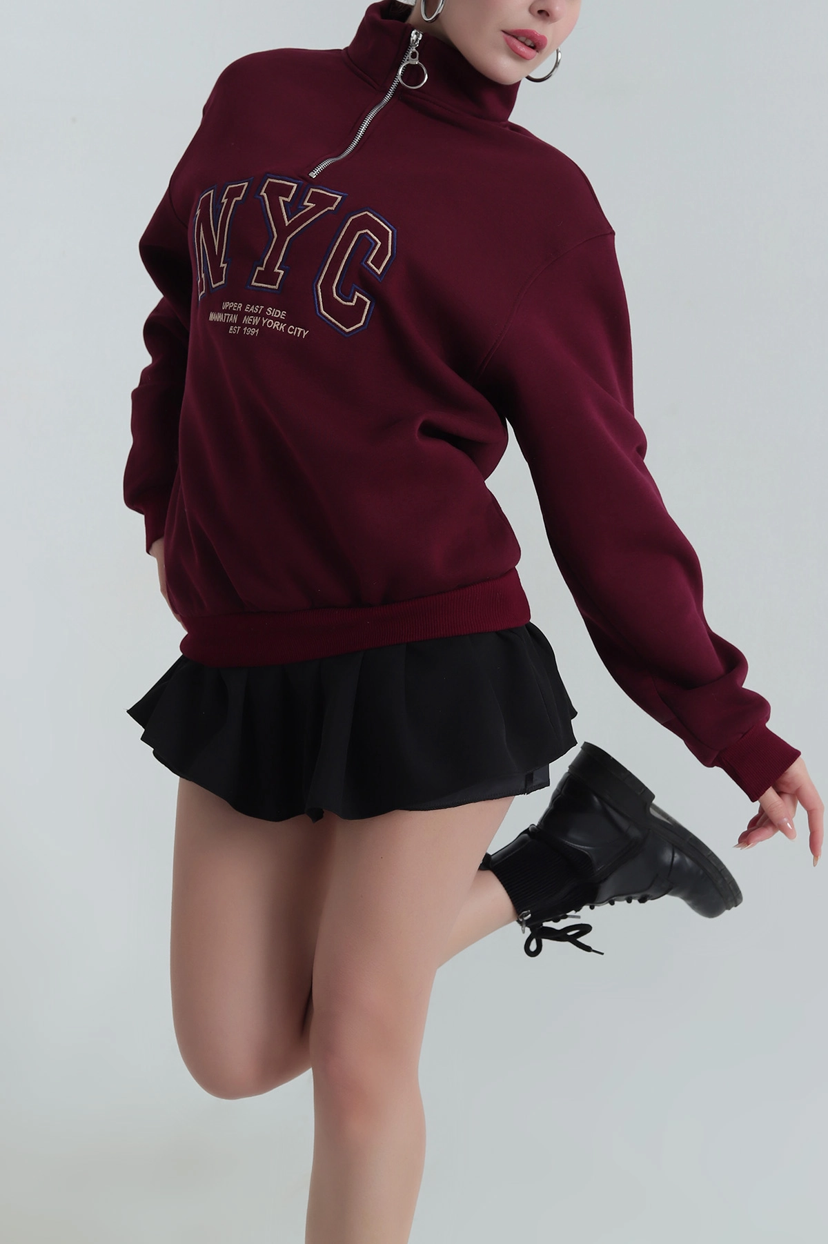 Mürdüm Fermuarlı Nakışlı Şardonlu Kadın Sweat 404966