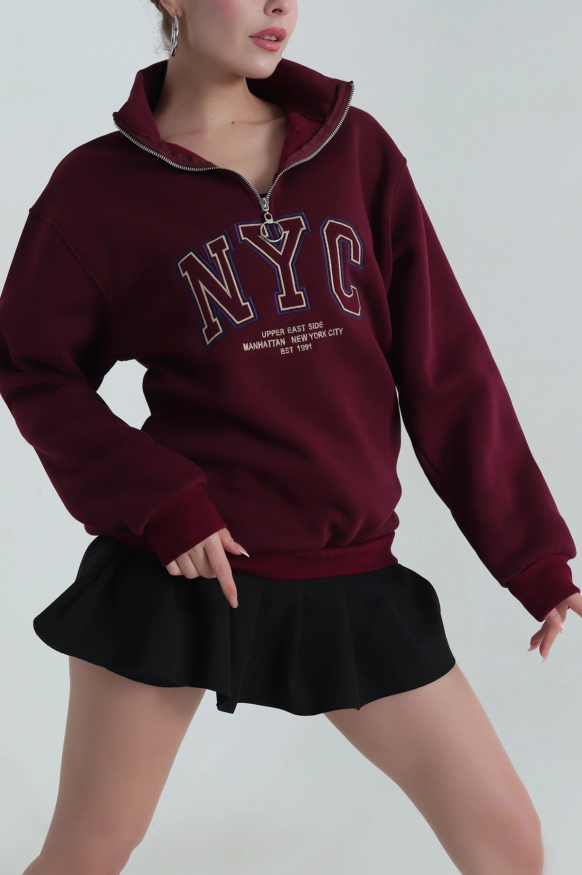 Mürdüm Fermuarlı Nakışlı Şardonlu Kadın Sweat 404966