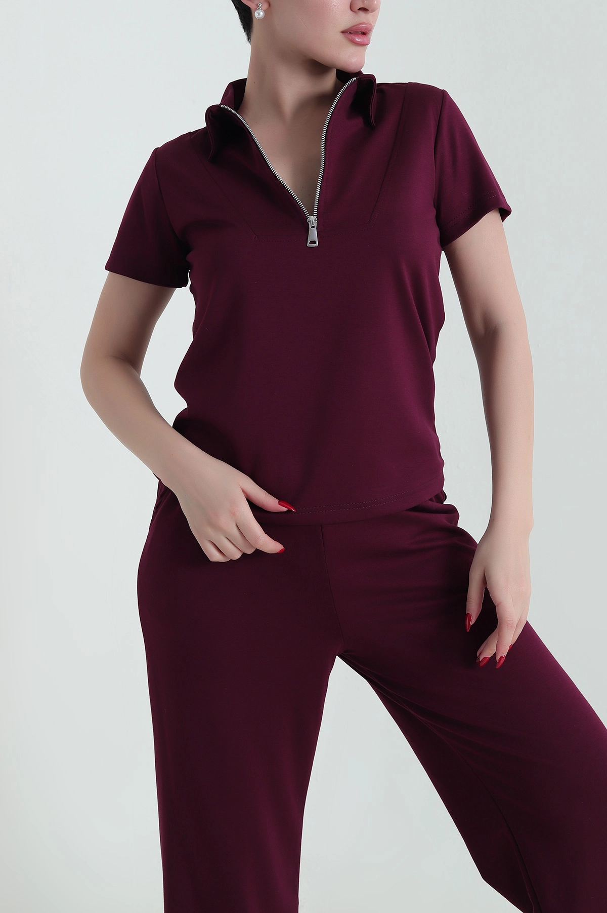 Mürdüm Fermuarlı Polo Yaka Oysho Kadın İkili Takım 430092