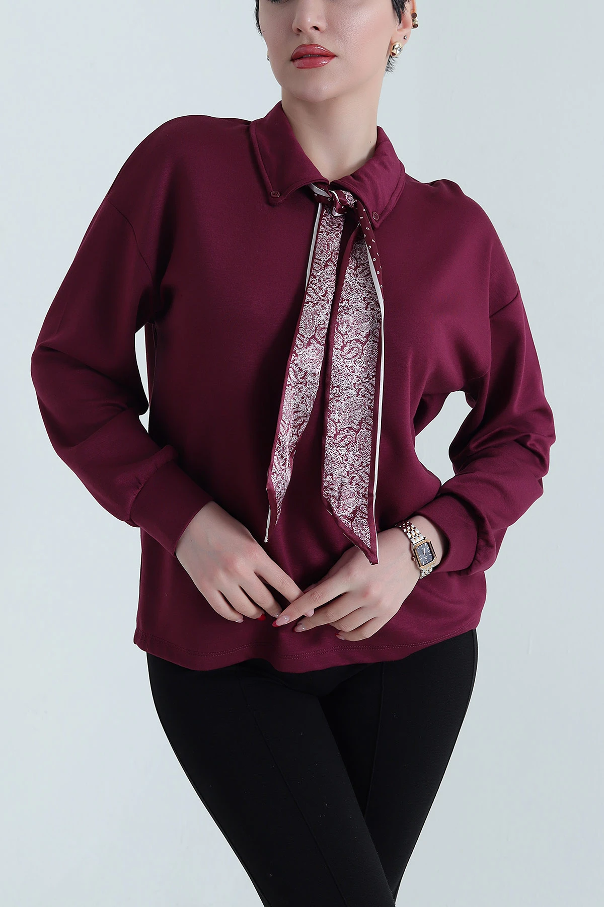 Mürdüm Fularlı Kadın Modal Bluz 441396