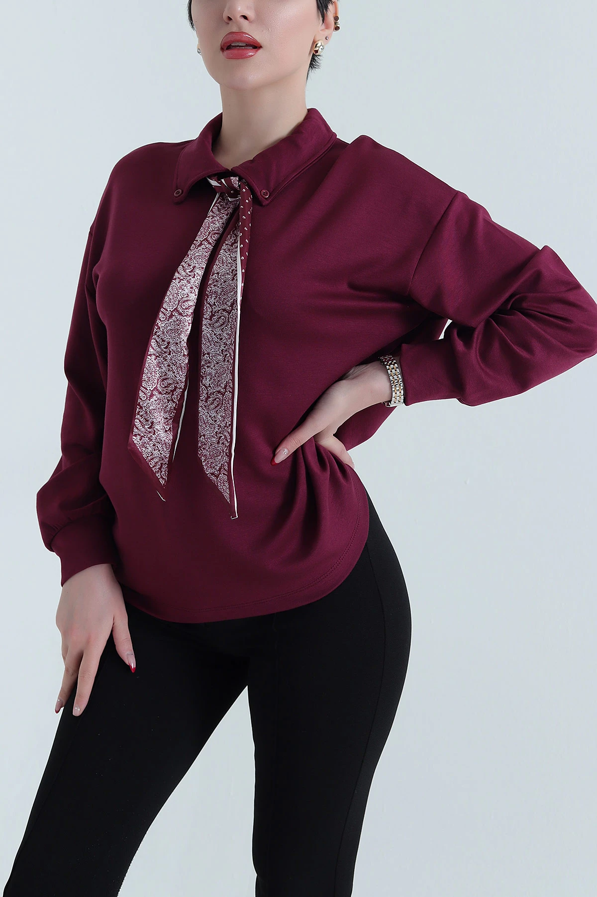 Mürdüm Fularlı Kadın Modal Bluz 441396