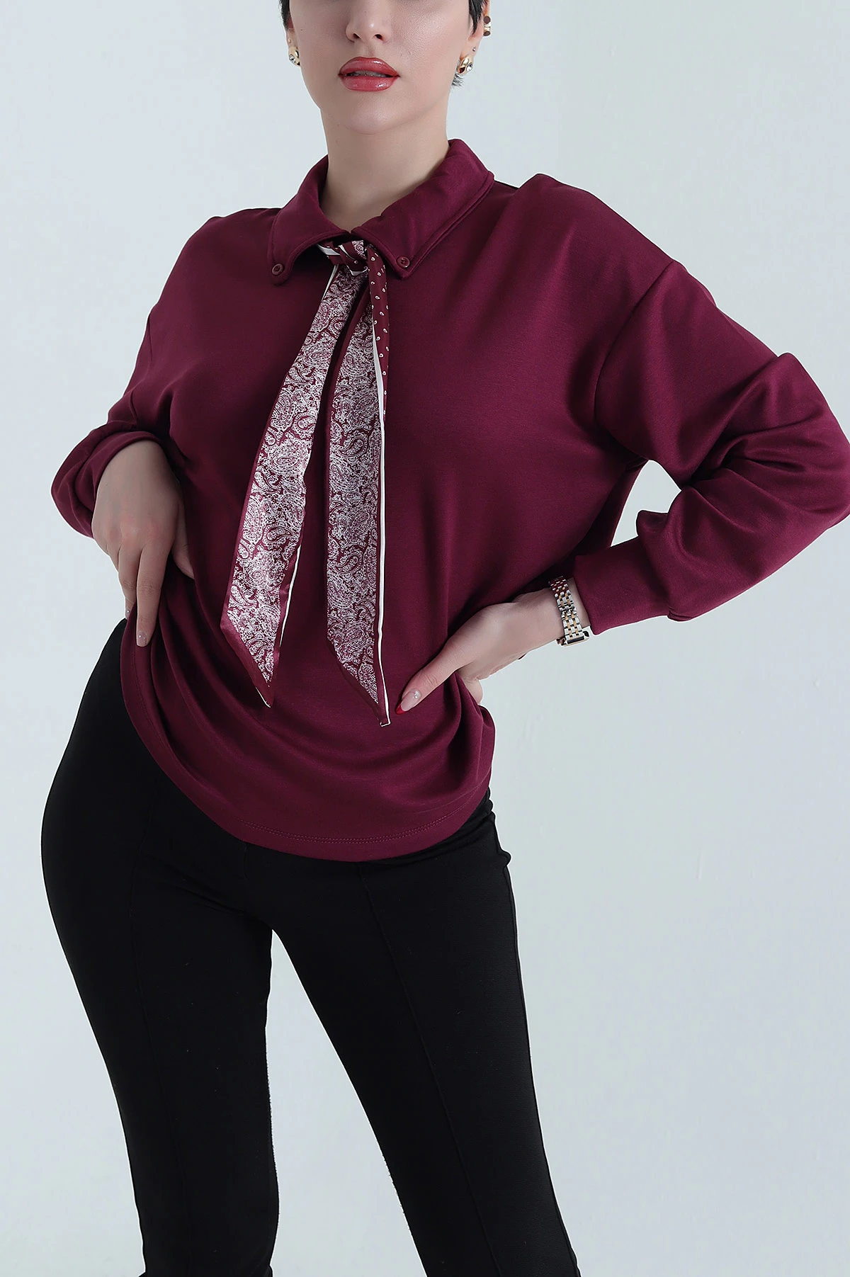 Mürdüm Fularlı Kadın Modal Bluz 441396