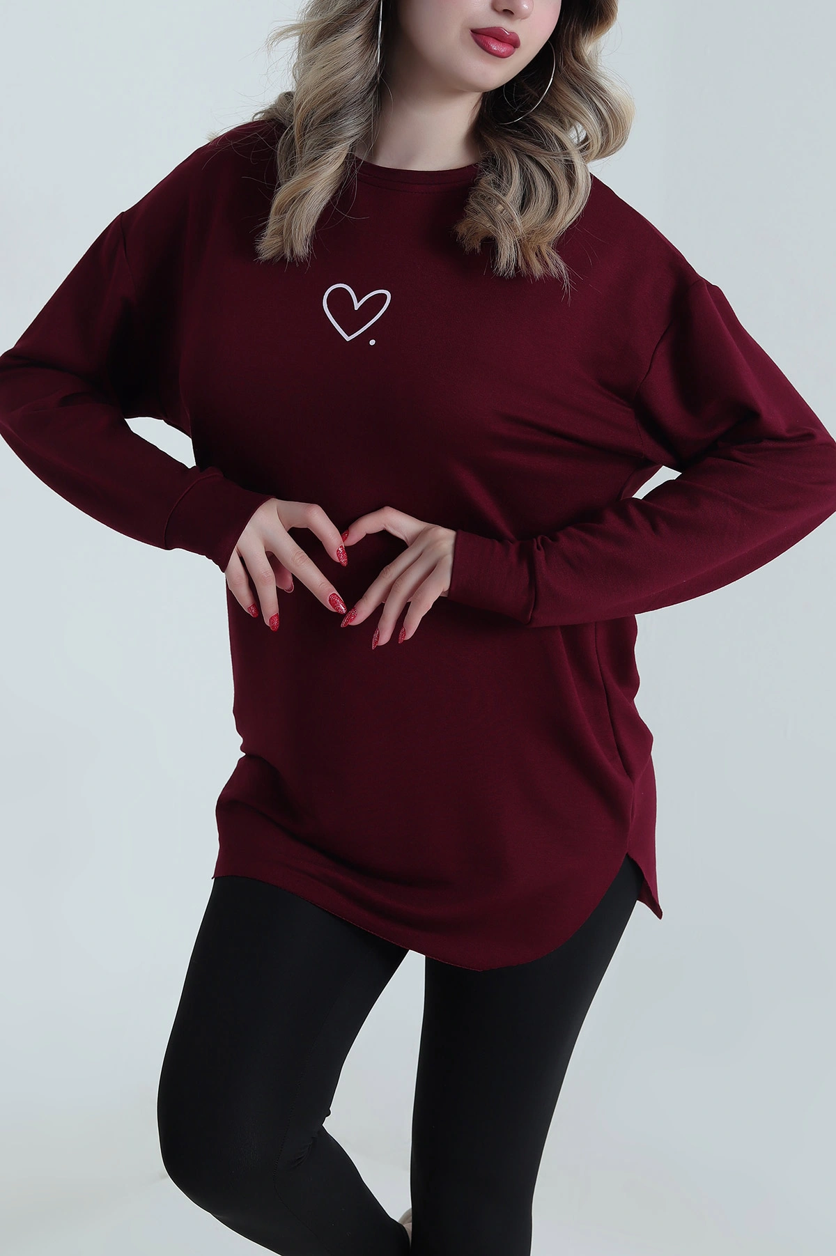 Mürdüm Kalp Baskılı Kristal Kadın Sweat Tunik 485620