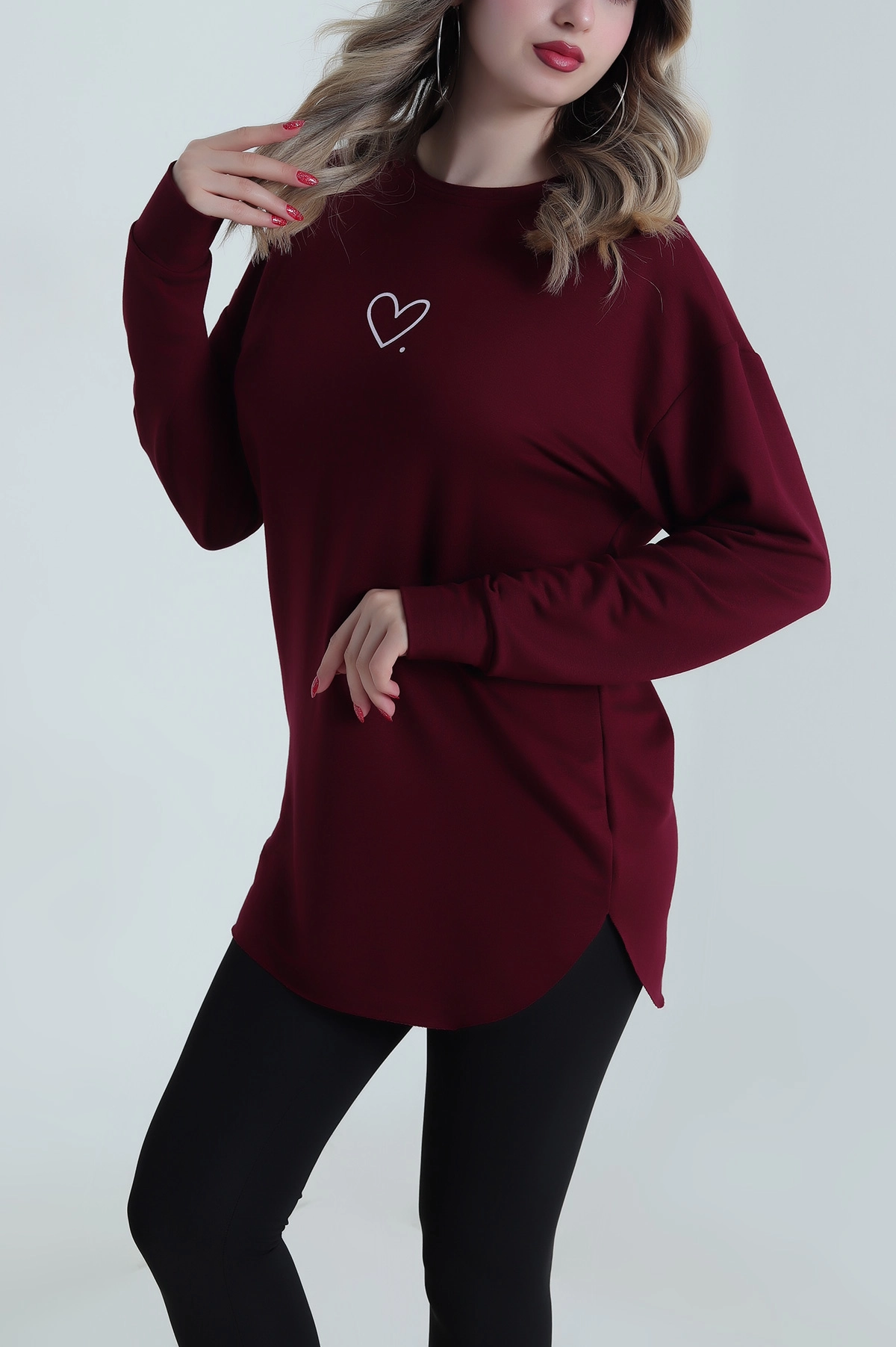 Mürdüm Kalp Baskılı Kristal Kadın Sweat Tunik 485620