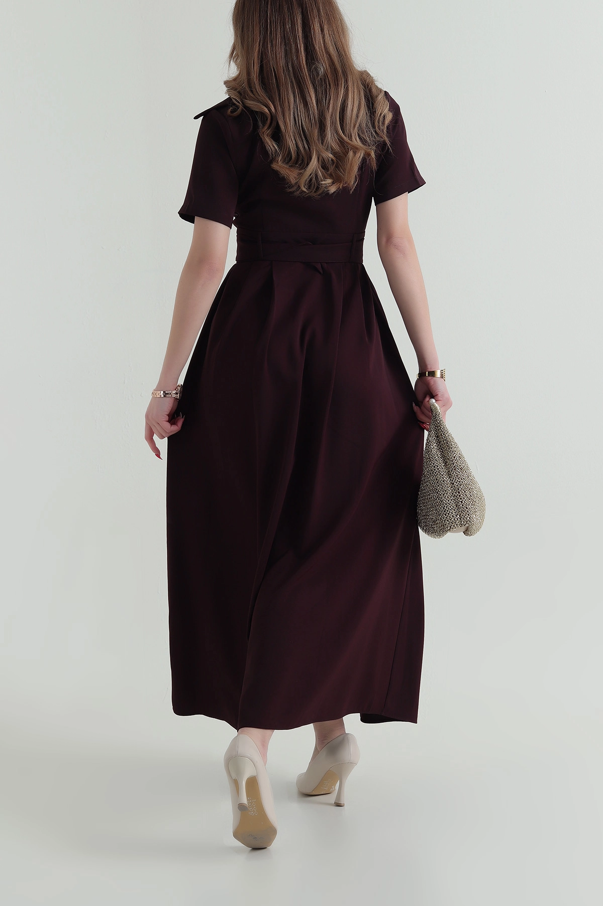 Mürdüm Kemerli Twill Kumaş kadın Elbise 425604