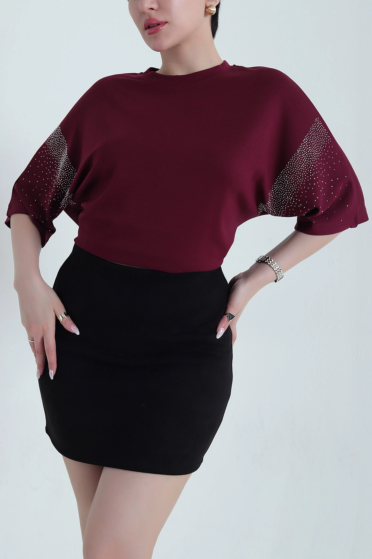 Mürdüm Kolları Taşlı Oysho Kadın Bluz 457017