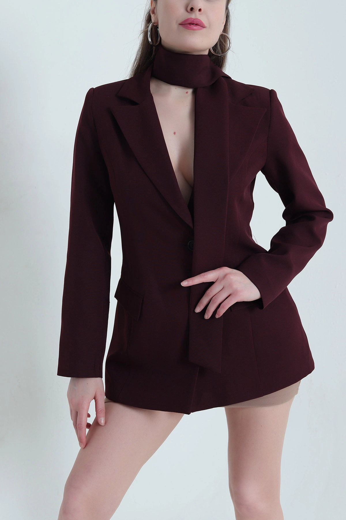 Mürdüm Kuşaklı Dabıl Blazer Kadın Ceket 443907